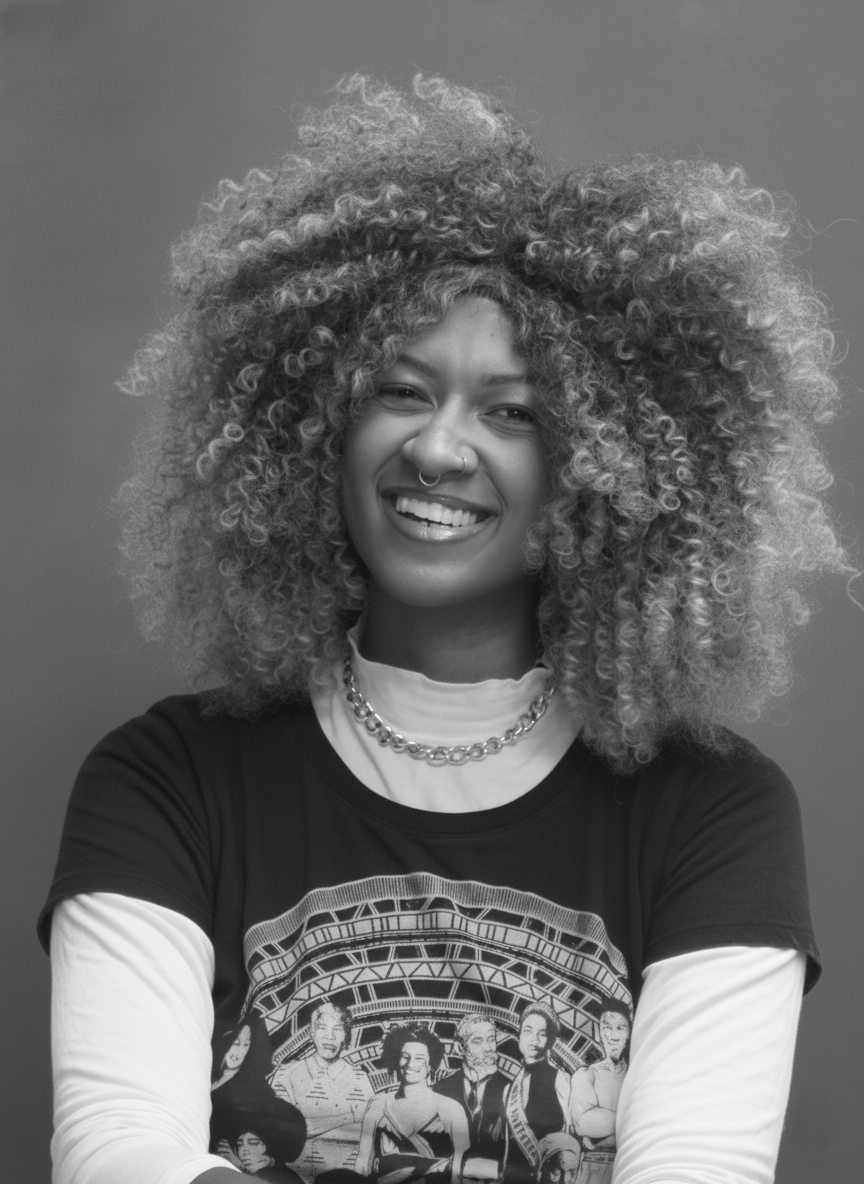 Mulher negra, com cabelos cacheados. Está sorrindo.